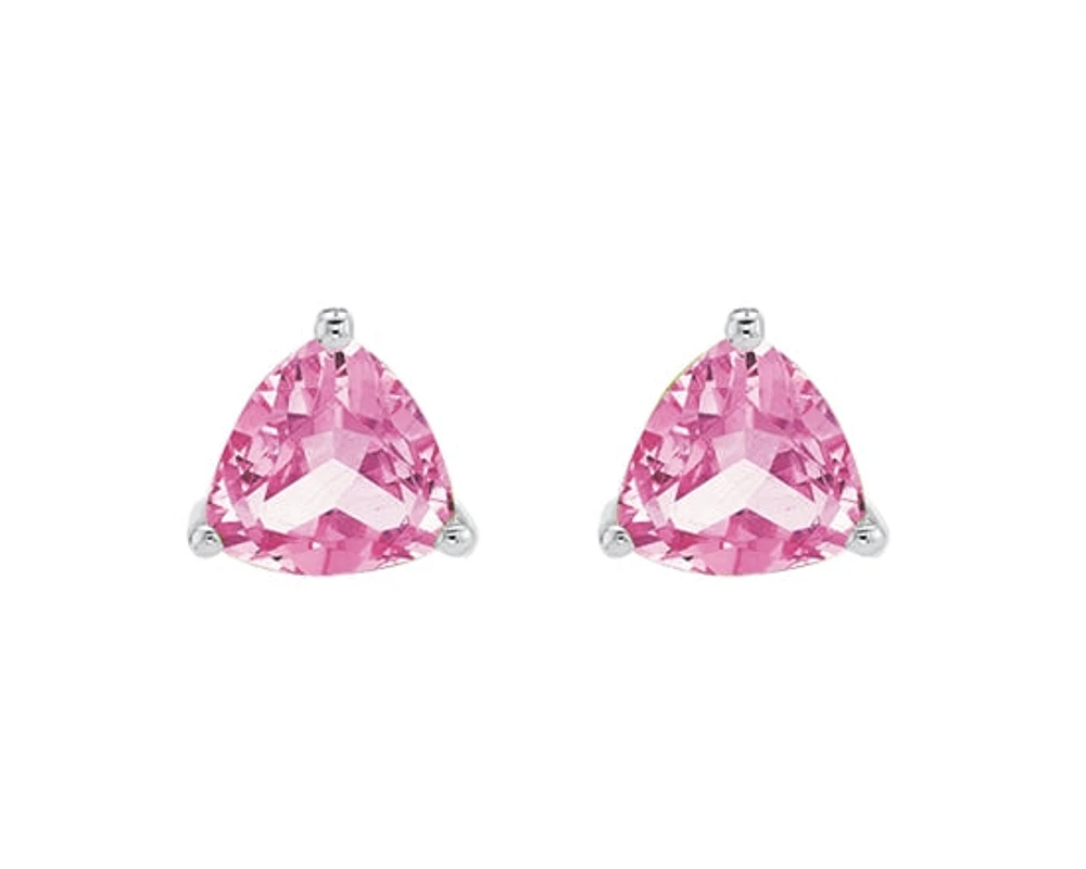 10K White Gold 4mm Trillion Cut Created Pink Sapphire Gemstone Birthstone Stud Earrings with Butterfly Backings