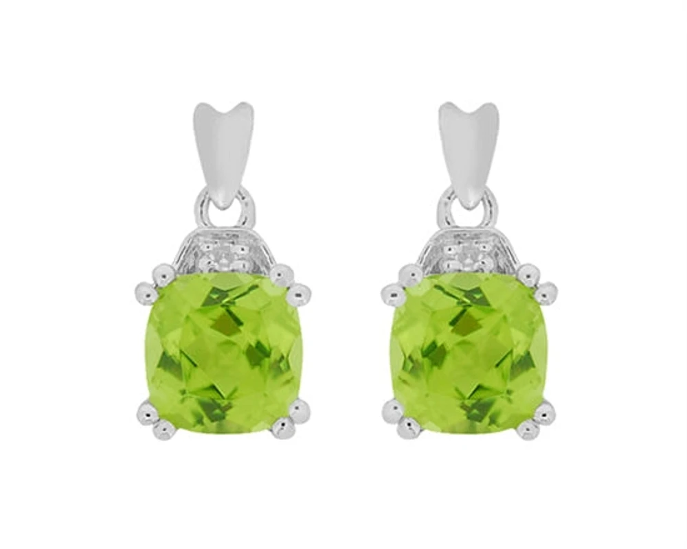 10K White Gold Cushion Cut Peridot and 0.01cttw Diamond Dangle Earrings with Butterfly Backings