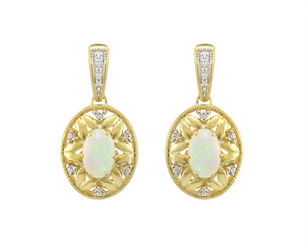 10K Yellow Gold 6x4mm Oval Cut Opal and 0.09cttw Diamond Dangle Earrings with Butterfly Backings