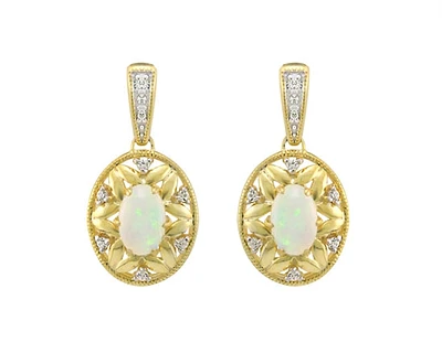10K Yellow Gold 6x4mm Oval Cut Opal and 0.09cttw Diamond Dangle Earrings with Butterfly Backings