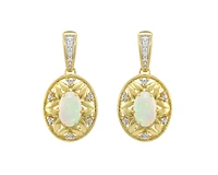 10K Yellow Gold 6x4mm Oval Cut Opal and 0.09cttw Diamond Dangle Earrings with Butterfly Backings