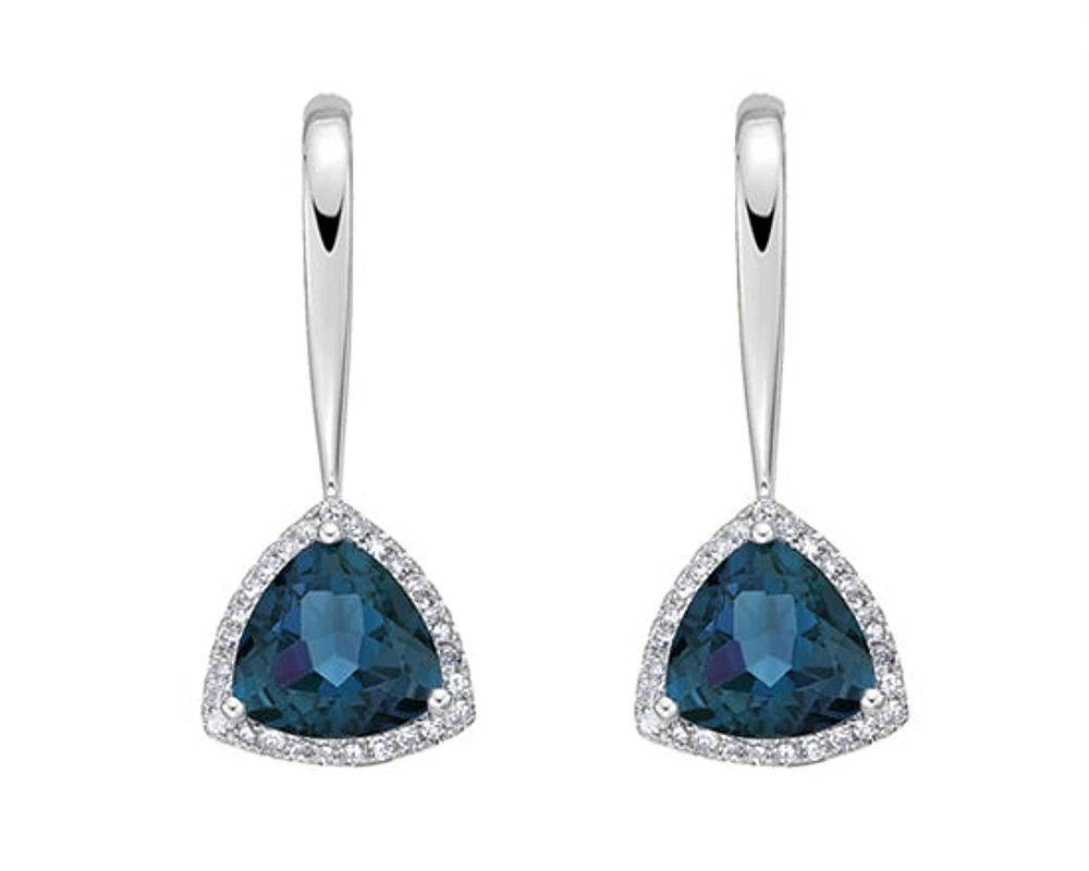 10K White Gold 6mm Trillion Cut London Blue Topaz and Diamond Halo Earrings