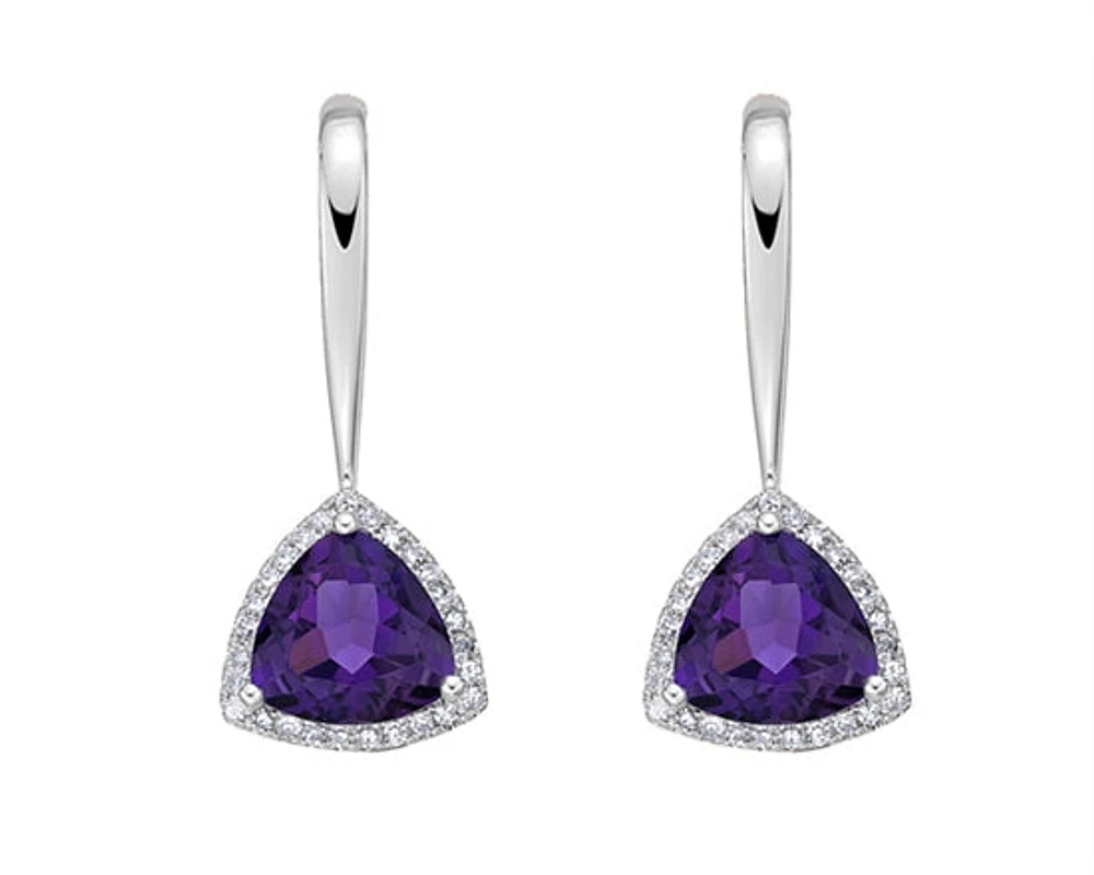 10K White Gold 6.0mm Amethyst and Diamond Dangle Earrings