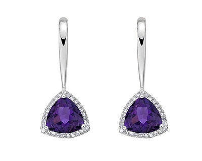 10K White Gold 6.0mm Amethyst and Diamond Dangle Earrings
