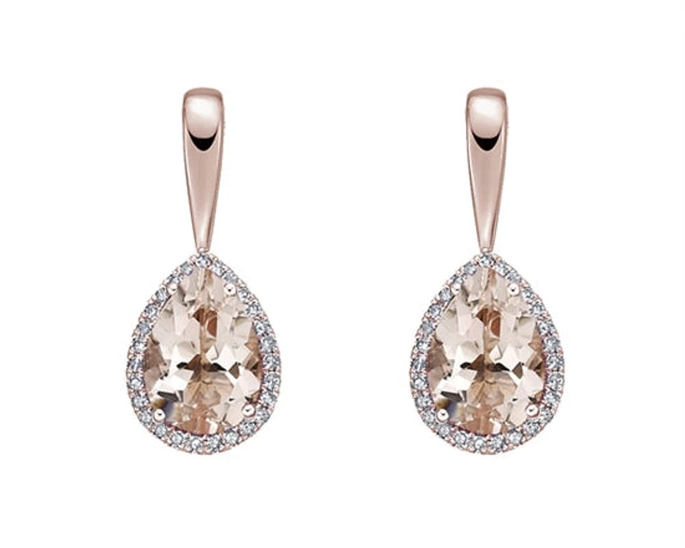 10K Rose Gold 6x4mm Pear Cut Morganite and Diamond Halo Dangle Earrings with Butterfly Backings