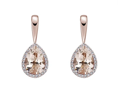 10K Rose Gold 6x4mm Pear Cut Morganite and Diamond Halo Dangle Earrings with Butterfly Backings