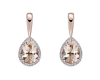 10K Rose Gold 6x4mm Pear Cut Morganite and Diamond Halo Dangle Earrings with Butterfly Backings