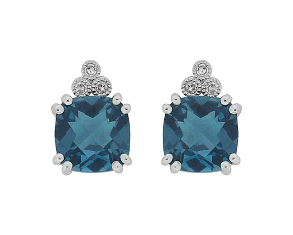 10K White Gold 6mm Cushion Cut London Blue Topaz and 0.03cttw Diamond Earrings