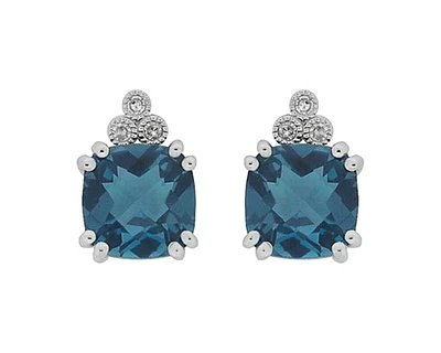 10K White Gold 6mm Cushion Cut London Blue Topaz and 0.03cttw Diamond Earrings