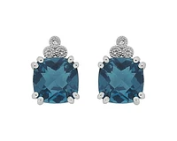 10K White Gold 6mm Cushion Cut London Blue Topaz and 0.03cttw Diamond Earrings