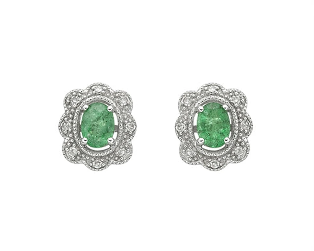 10K White Gold 4x3mm Oval Cut Emerald and 0.053cttw Diamond Scallop Halo Stud Earrings with Butterfly Backings