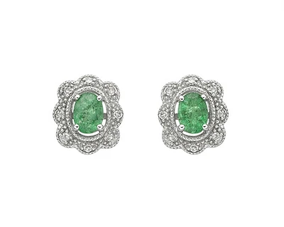 10K White Gold 4x3mm Oval Cut Emerald and 0.053cttw Diamond Scallop Halo Stud Earrings with Butterfly Backings