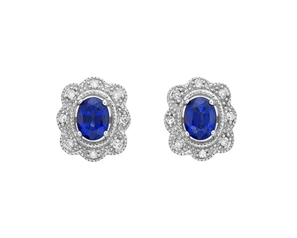 10K White Gold 4x3mm Oval Cut Sapphire and 0.053cttw Diamond Scallop Halo Stud Earrings with Butterfly Backings