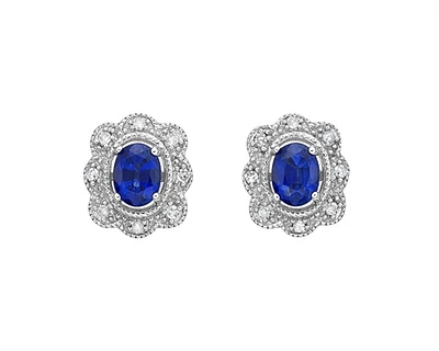 10K White Gold 4x3mm Oval Cut Sapphire and 0.053cttw Diamond Scallop Halo Stud Earrings with Butterfly Backings