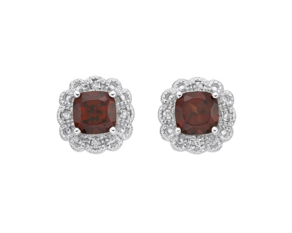 10K White Gold 4mm Cushion Cut Garnet and 0.026cttw Diamond Scallop Halo Stud Earrings with Butterfly Backings
