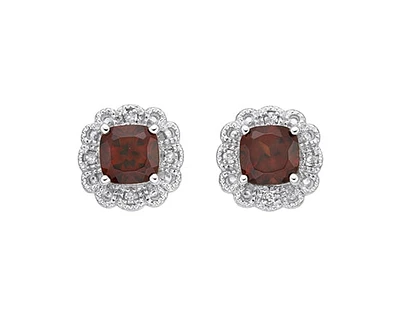 10K White Gold 4mm Cushion Cut Garnet and 0.026cttw Diamond Scallop Halo Stud Earrings with Butterfly Backings