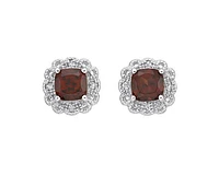 10K White Gold 4mm Cushion Cut Garnet and 0.026cttw Diamond Scallop Halo Stud Earrings with Butterfly Backings