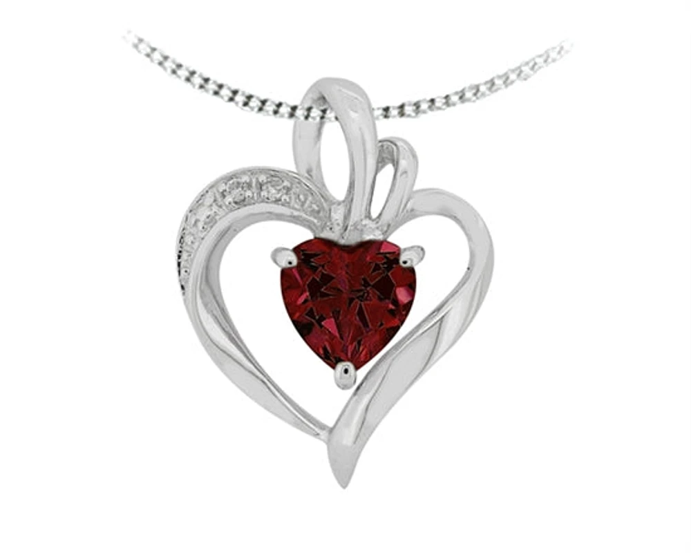 10K White Gold Garnet and 0.01cttw Diamond Heart Pendant - 18 inches