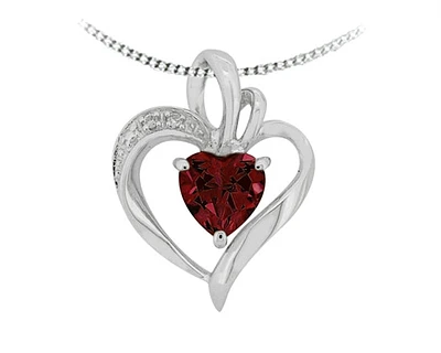 10K White Gold Garnet and 0.01cttw Diamond Heart Pendant - 18 inches