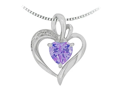 10K White Gold Amethyst & Diamond Heart Pendant, 18"