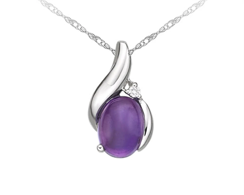 10K White Gold Cabochon Cut Amethyst & Diamond Pendant, 18"