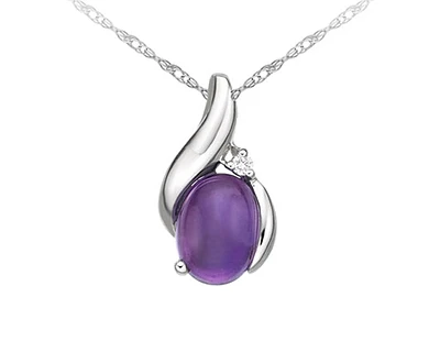 10K White Gold Cabochon Cut Amethyst & Diamond Pendant, 18"