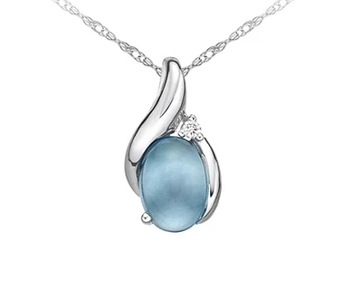 10K White Gold Oval Cabochon Cut Swiss Blue Topaz and 0.01dtw Diamond Necklace - 18 Inches