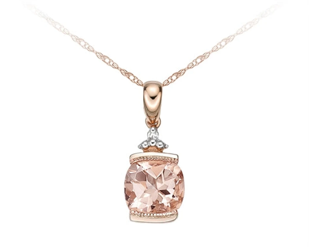 10K Rose Gold 6mm Cushion Cut Morganite and 0.01cttw Diamond Pendant, 18"