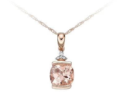 10K Rose Gold 6mm Cushion Cut Morganite and 0.01cttw Diamond Pendant, 18"