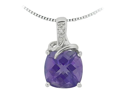10K White Gold Amethyst & Diamond Pendant, 18"
