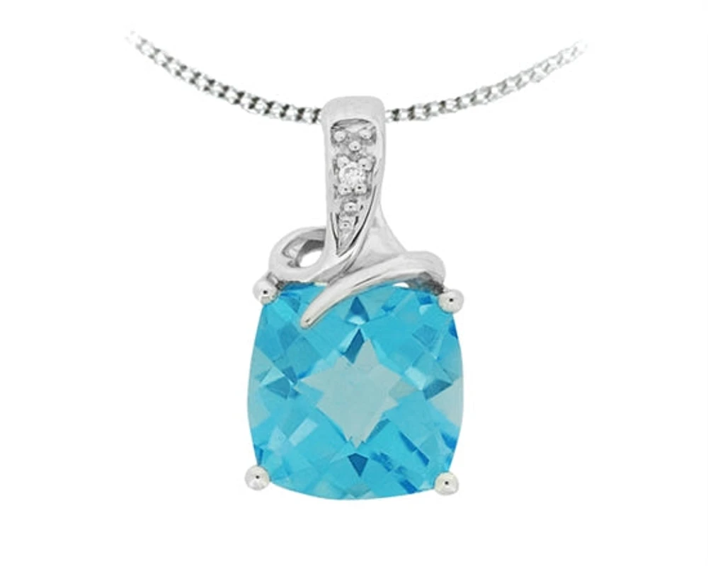 10K White Gold 8mm Cushion Cut Swiss Blue Topaz and 0.005cttw Diamond Necklace - 18 Inches