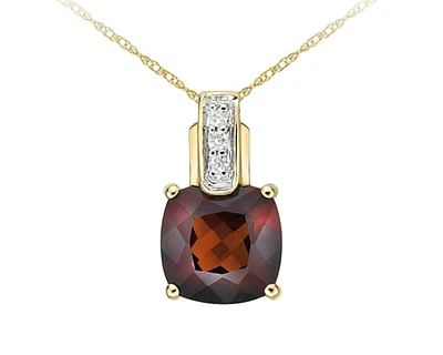10K Yellow Gold 7mm Cushion Cut Garnet and 0.026cttw Diamond Pendant - 18 Inches