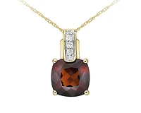 10K Yellow Gold 7mm Cushion Cut Garnet and 0.026cttw Diamond Pendant - 18 Inches