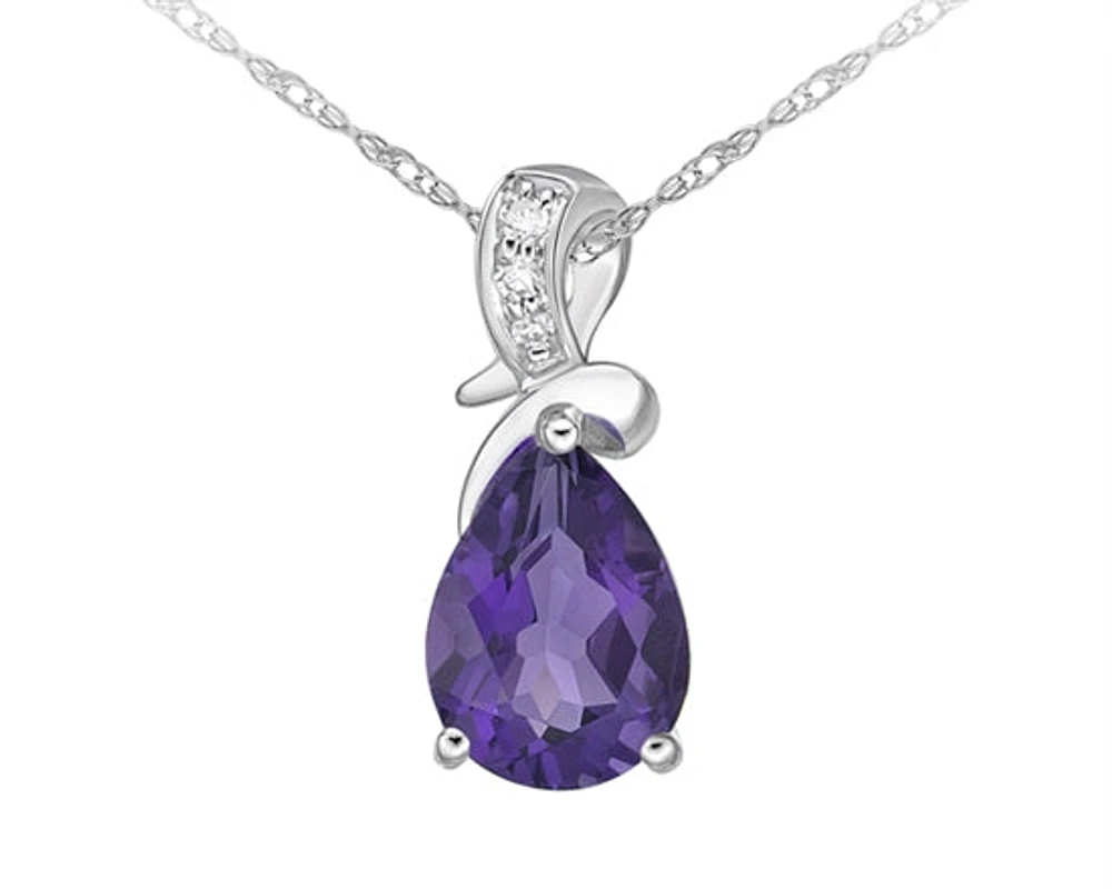 10K White Gold 8x5mm Pear Cut Amethyst & 0.022cttw Diamond Pendant, 18"
