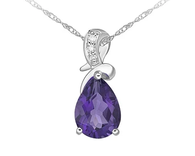 10K White Gold 8x5mm Pear Cut Amethyst & 0.022cttw Diamond Pendant, 18"