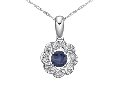 10K White Gold 3.80mm Round Cut Sapphire and 0.035cttw Diamond Halo Pendant - 18 inches