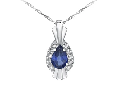 10K White Gold 6x4mm Pear Cut Sapphire and 0.04cttw Diamond Pendant - 18 inches