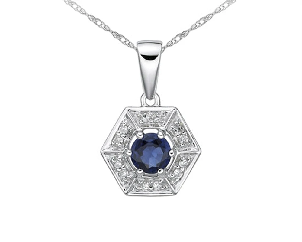 10K White Gold 3.80mm Round Cut Sapphire and 0.05cttw Diamond Halo Pendant - 18 inches