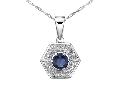10K White Gold 3.80mm Round Cut Sapphire and 0.05cttw Diamond Halo Pendant - 18 inches
