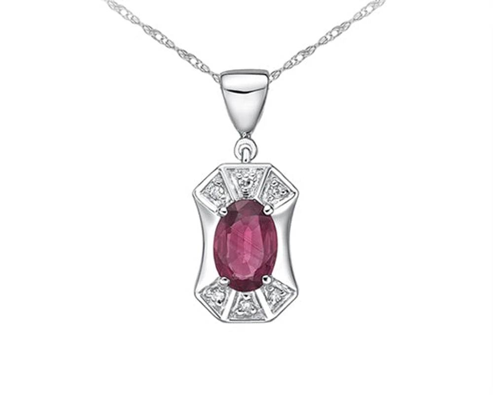 10K White Gold 6x4mm Oval Cut Ruby and 0.03cttw Diamond Pendant - 18 Inches