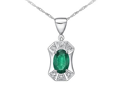 10K White Gold 6x4mm Oval Cut Emerald and 0.03cttw Diamond Pendant - 18 inches