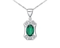 10K White Gold 6x4mm Oval Cut Emerald and 0.03cttw Diamond Pendant - 18 inches