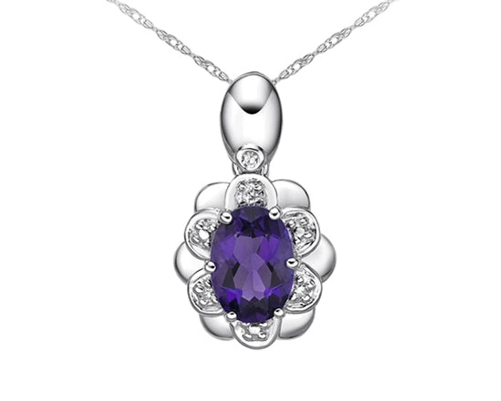 10K White Gold 7x4mm Amethyst & 0.022cttw Diamond Pendant, 18"