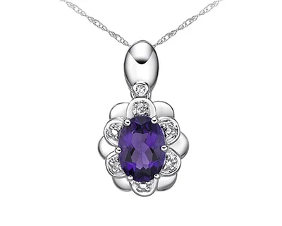 10K White Gold 7x4mm Amethyst & 0.022cttw Diamond Pendant, 18"