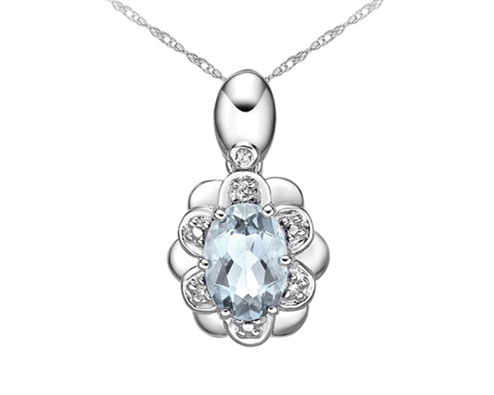 10K White Gold 7x5mm Oval Cut Aquamarine and 0.022cttw Diamond Pendant - 18"