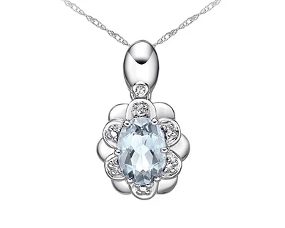 10K White Gold 7x5mm Oval Cut Aquamarine and 0.022cttw Diamond Pendant - 18"