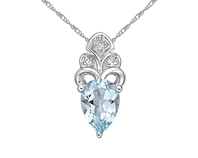 10K White Gold 7x5mm Pear Cut Swiss Blue Topaz and 0.018cttw Diamond Necklace - 18 Inches