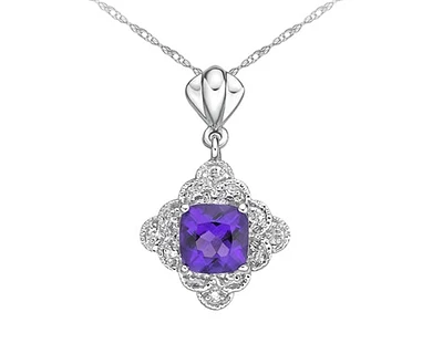 10K White Gold 5mm Cushion Cut Amethyst and 0.02cttw Diamond Pendant, 18"