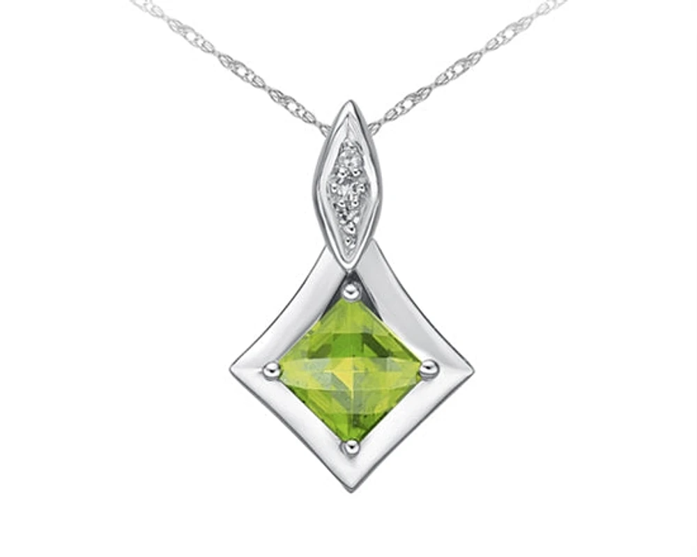 10K White Gold 5mm Princess Checkerboard Cut Peridot and 0.015cttw Diamond Pendant - 18 inches