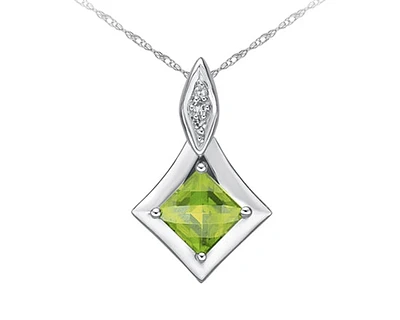 10K White Gold 5mm Princess Checkerboard Cut Peridot and 0.015cttw Diamond Pendant - 18 inches